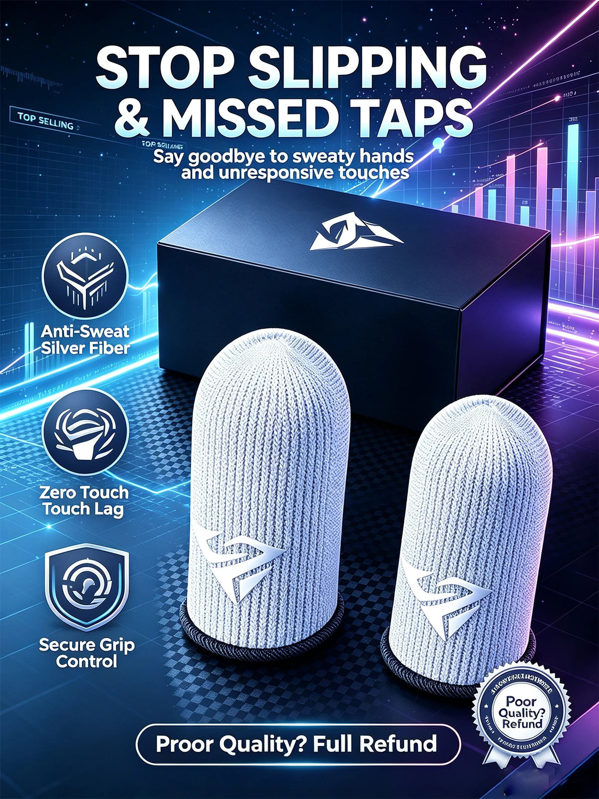 2 Paar Gamer-Fingerhüllen für mobiles Gaming, schweißabweisend, atmungsaktiv, aus Silberfaser, rutschfeste Touchscreen-Fingerabdeckungen. – Detail 3