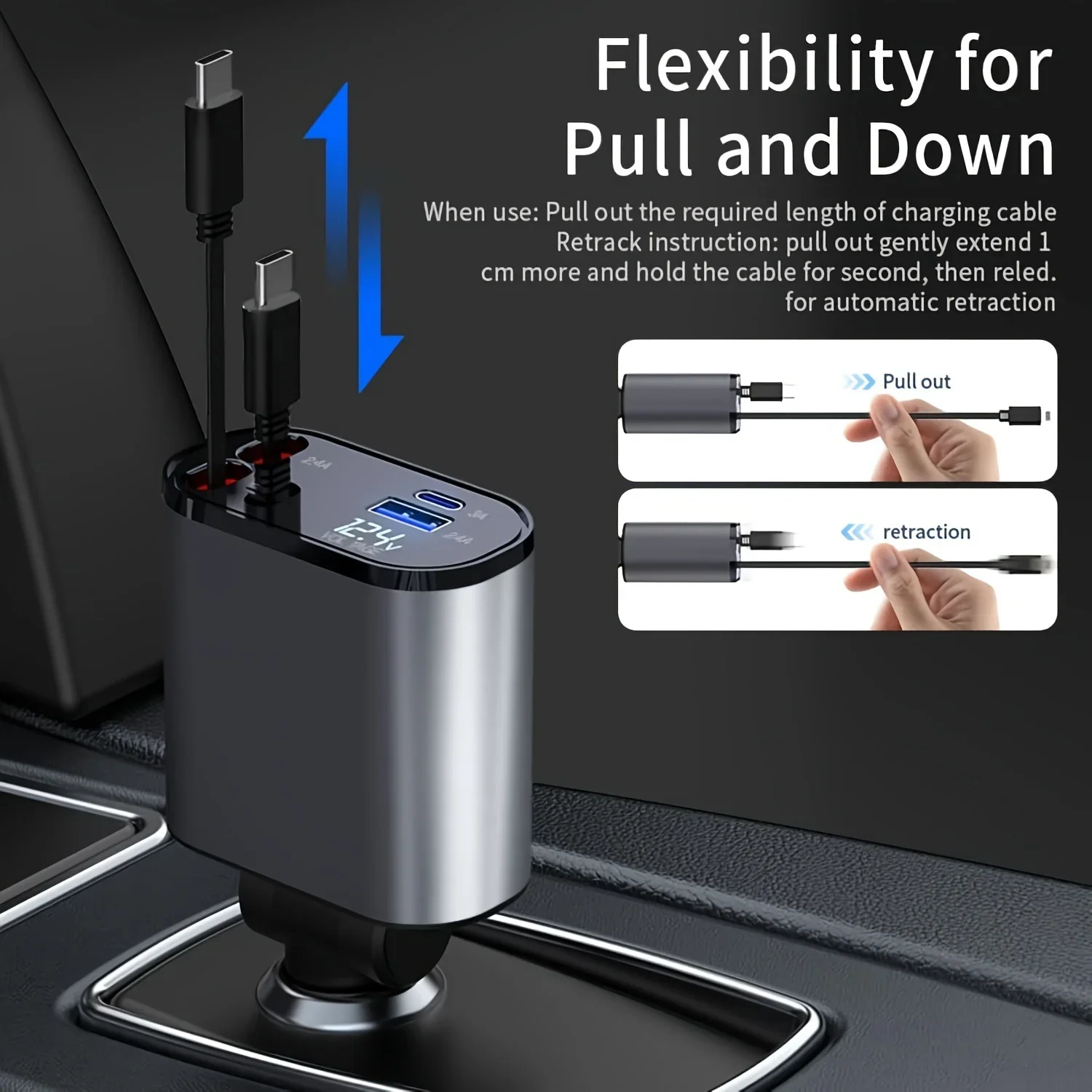 Caricabatteria da auto 4 In 1 con doppio cavo retrattile doppia porta USB C PD adattatore per spina per auto a ricarica rapida con Display di