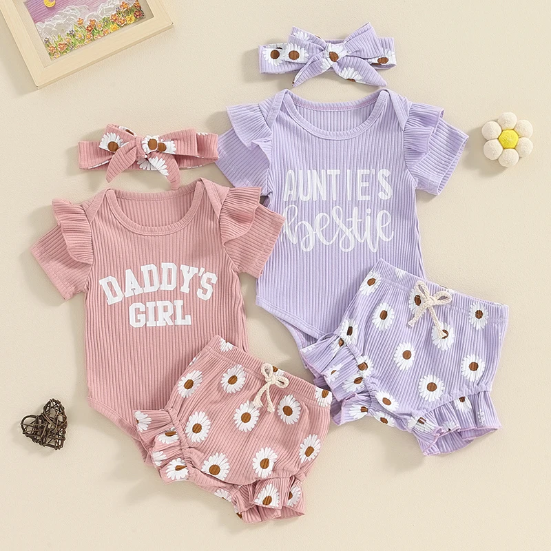 

2024-01-20 Lioraitiin Baby Girls Shorts Set Short Sleeve Letters Print Romper Flower Print Shorts with Hairband Summer Outfit