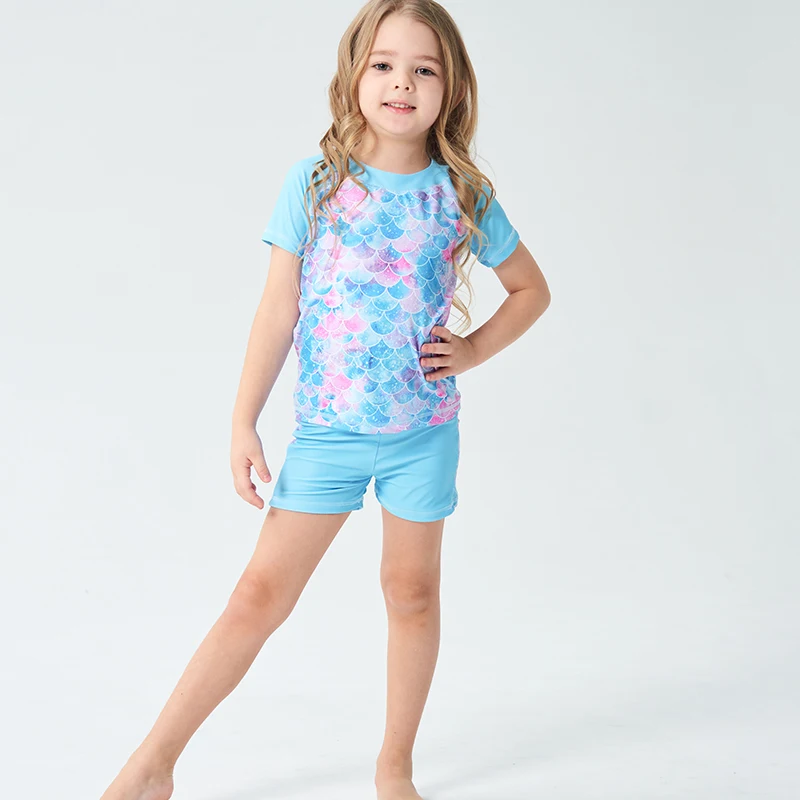 2 Piece Kids Girls Swimsuits Beachwear Printed Summer T-shirt Short Sleeve Coat children\'s Swimsuit Blue Swimwear Bathing Suits