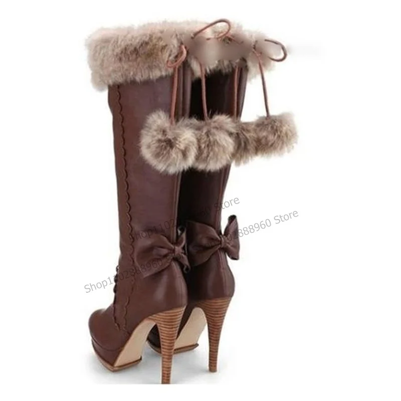 Knee High Brown Platform Fur Bow Knot Decor Boots Thin High Heel Women Shoes Slip-On Pointed Toe 2023 Zapatos Para Mujere