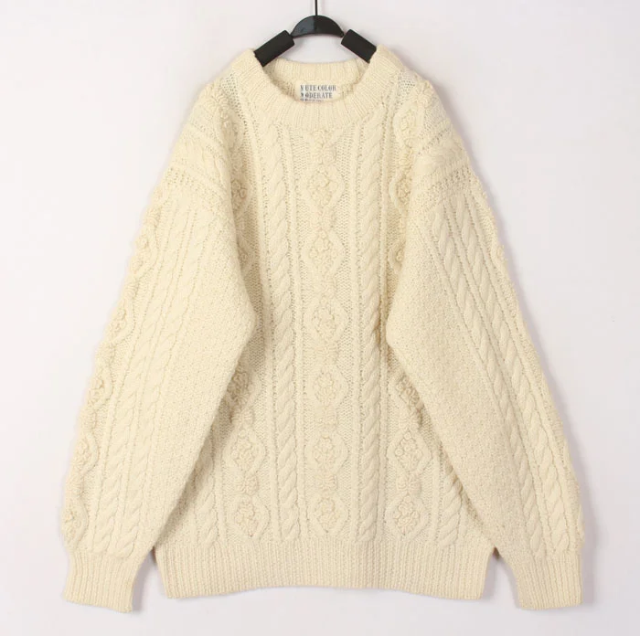 

Vintage Autumn Winter White Knitted Woolen Sweater Cardigan Bean Shape 3D Hook Flower Loose Fit round Neck Long Sleeve Thermal