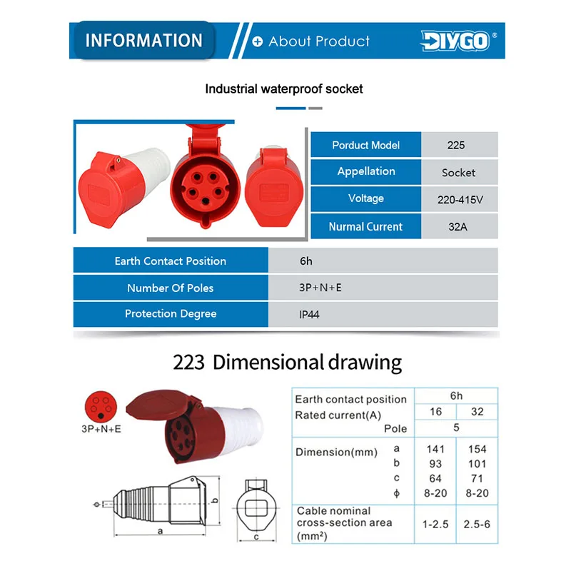 DIY GO High Quality IP44 Waterproof Electrical Connection Industrial Plug and Socket Wall Mounted Junction Box 32A 380-415V 5Pin