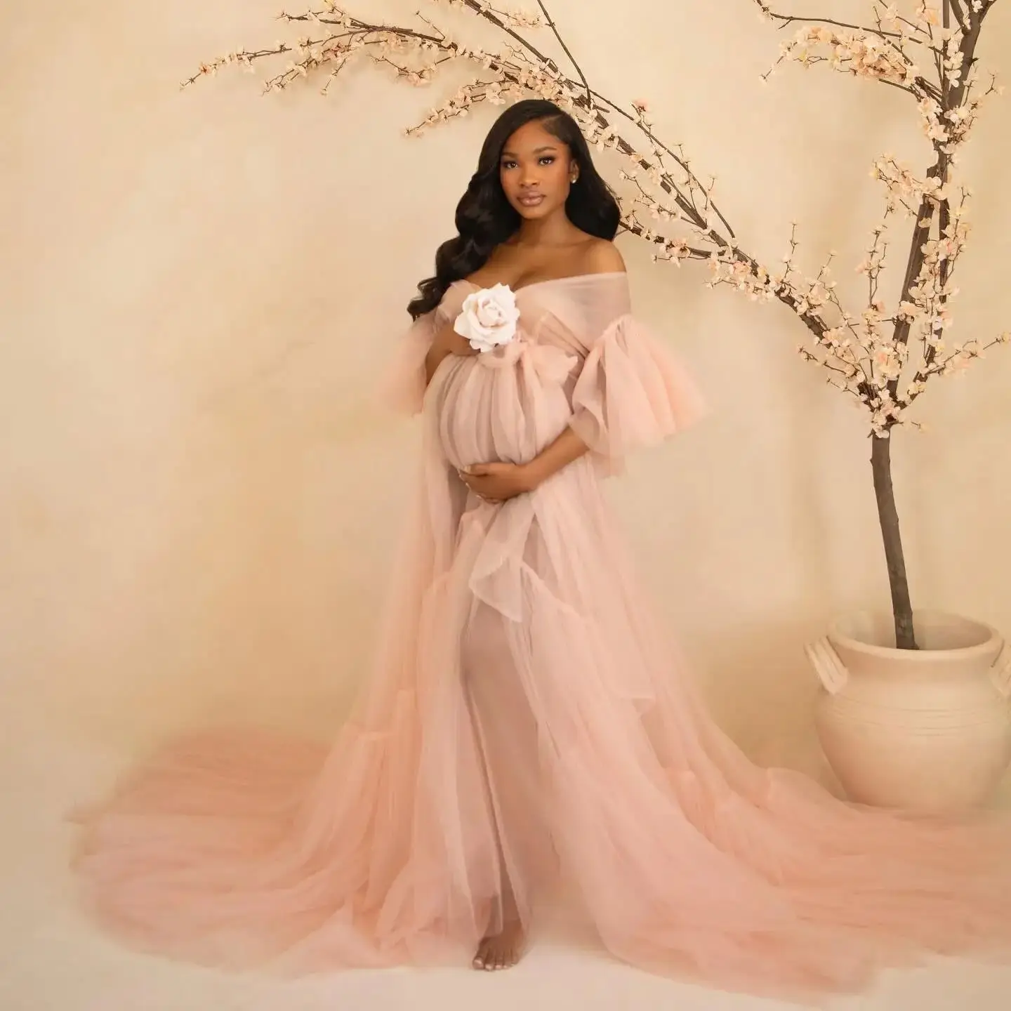 

Pink Tulle Prom Dresses for Babyshower Illusion Slit Maternity Dresses for Women Vestidos De Noche Simple Bathrobe Wear