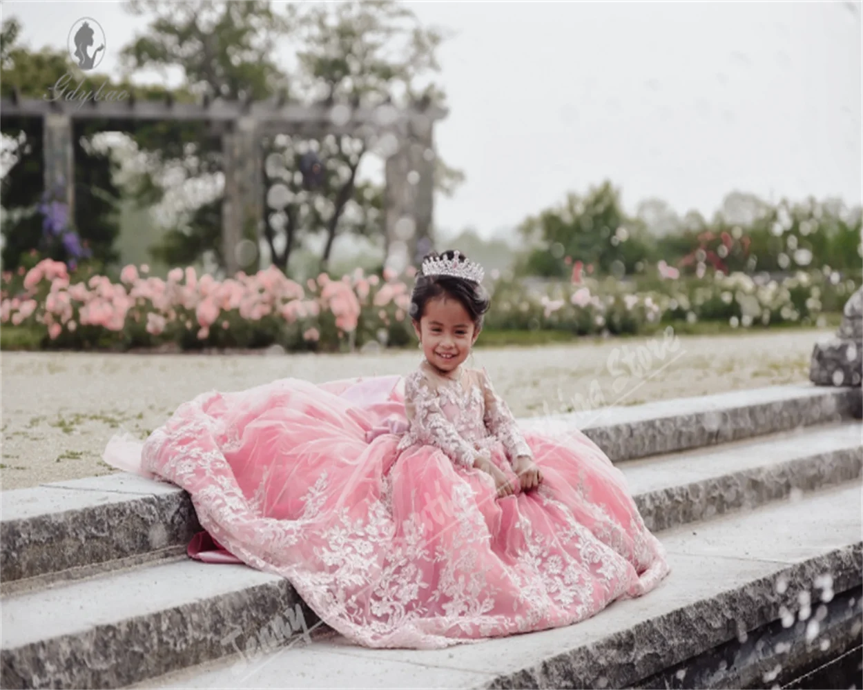

Pink Flower Girl Dress With Fluffy Bow Lace Applique For Baptism Princess First Communion Wedding Bridesmaid Banquet Custom