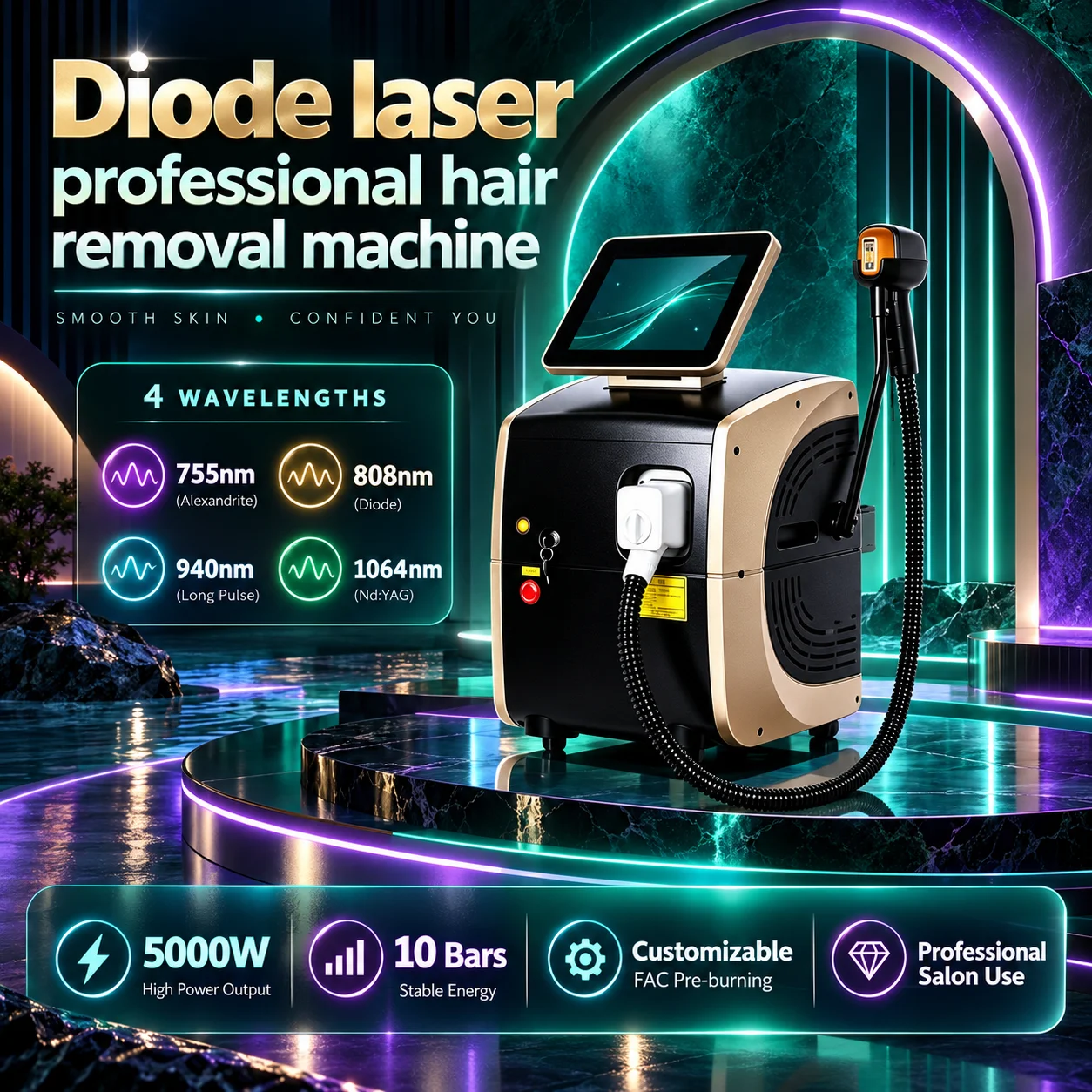 Alexandrite Laser Hair Removal Machine - 5000W Powerful Professional Diode Laser Alexandrite