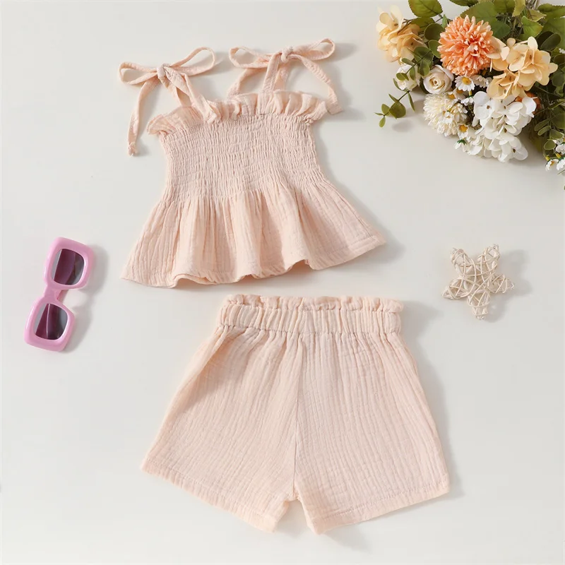 

Kids Girls Baby Sling Top+Straight-Leg Pant 2-Piece Sets Solid Color Cute Flounce Princess Summer Casual Clothes Suit 1-3 Years