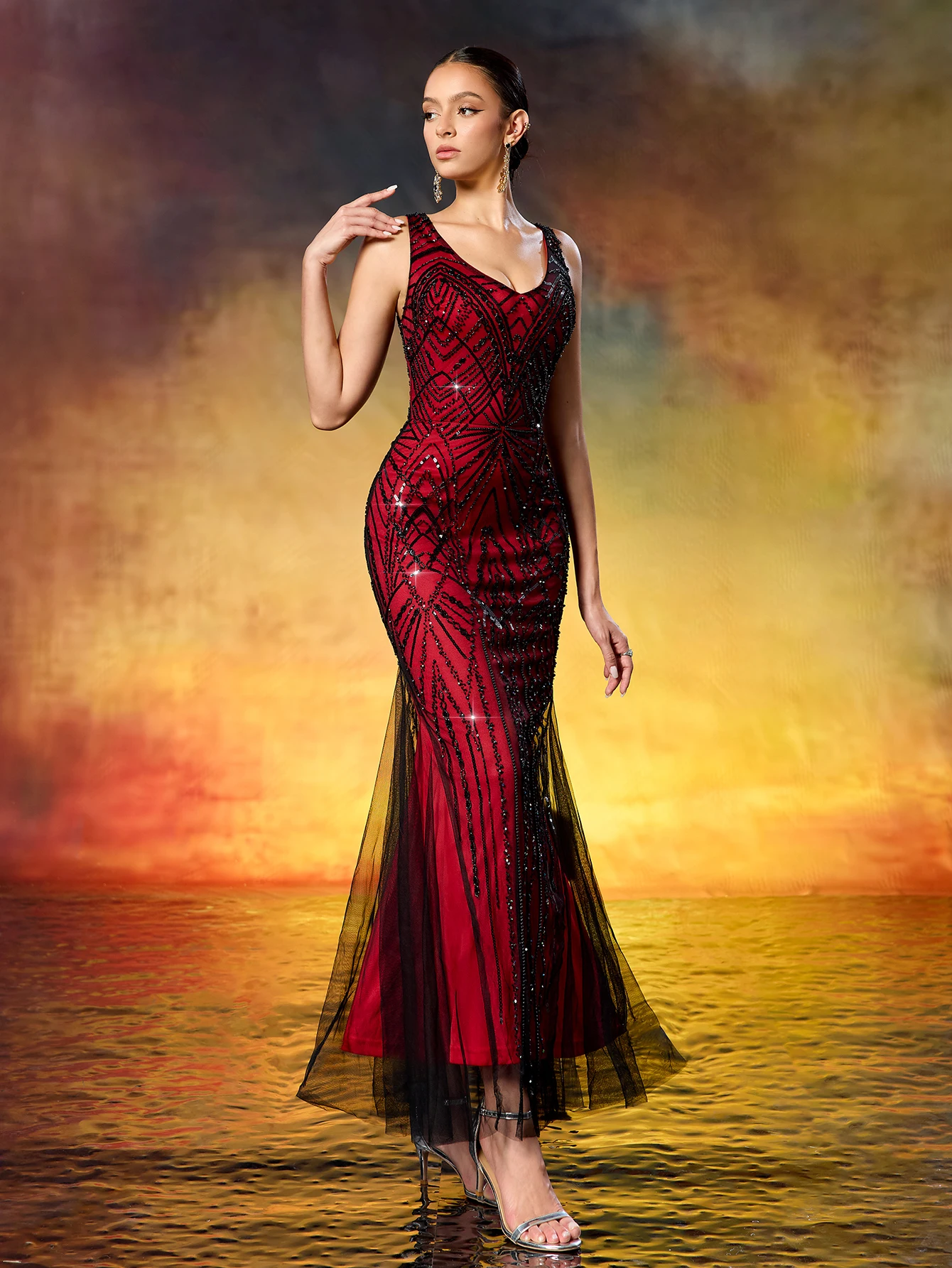 Glamuroso Vestido de Noche Estilo Sirena con Cuentas Art Deco, Vestido de Gala Estilo Gatsby de los Años 20, Color Carmesí-Negro para Ocasiones Especiales de Mujer