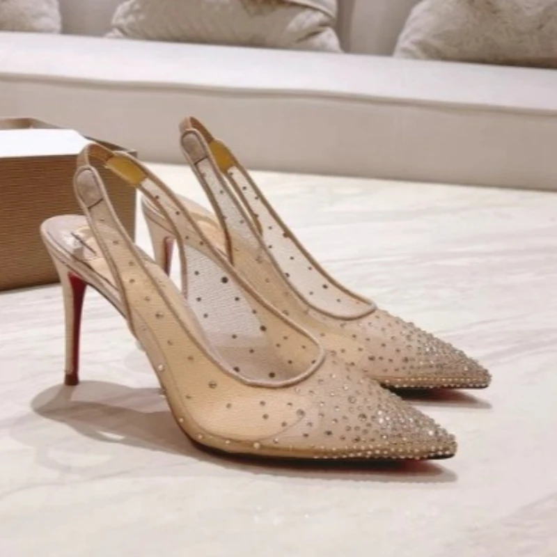 Mesh Rhinestone Rear Empty Stiletto Women's High Heels Pointed Wedding Shoes Women's Sandals