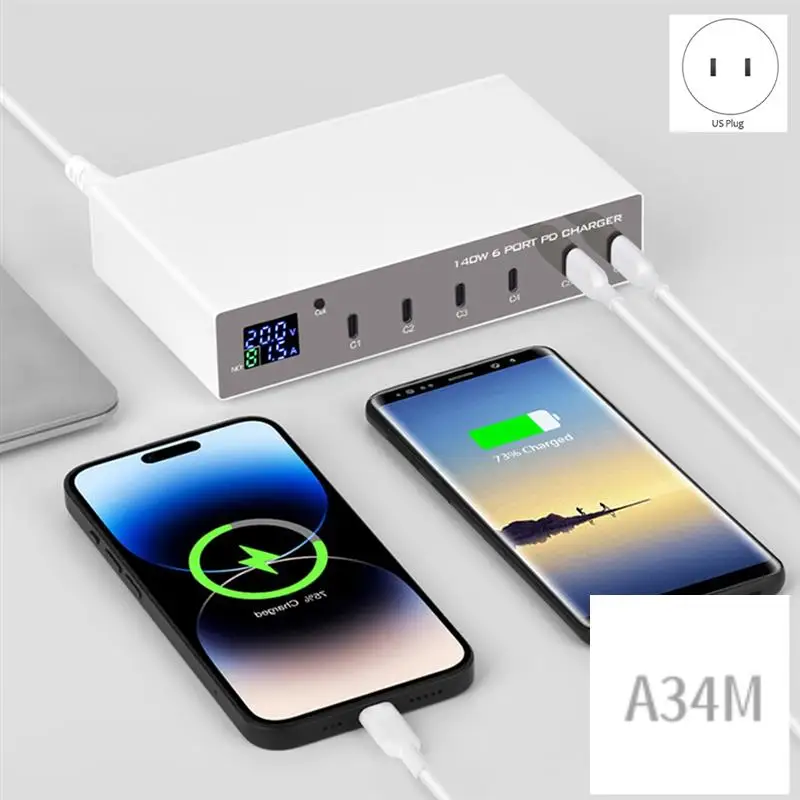 

A34M-140W 6 In 1 Quick Charge Charger Fast Charger Station Charging 3.0 USB C For Laptop Type C 30W US Plug