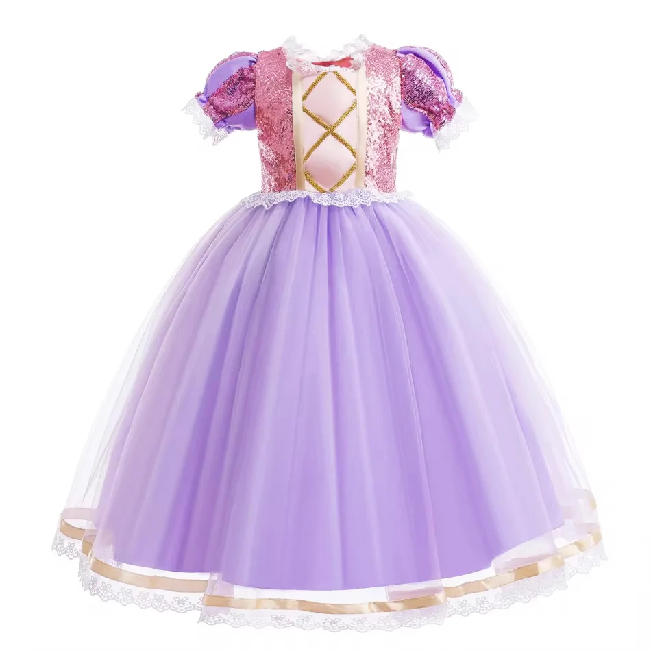 Girl Rapunzel Dress for Kid Halloween Princess Cosplay Costume for Birthday Party Gift Purple Sequins Mesh Clothing