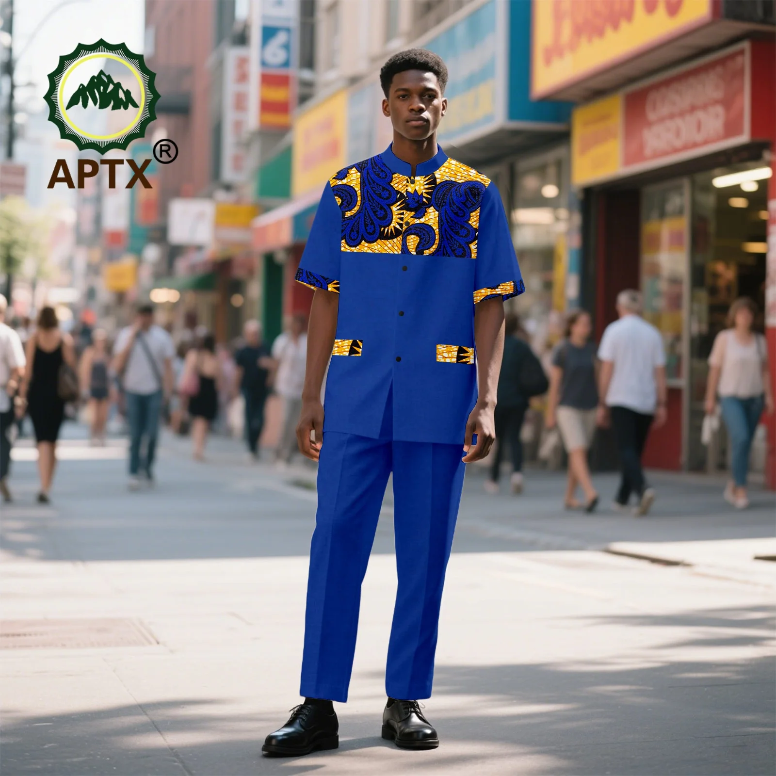 African Suit for Men Ankara Print Half high collar Short Sleeve Top and Pants with pocket 2 Piece Suit Patchwork Dashiki 2516090
