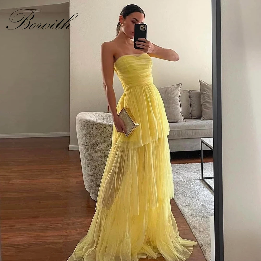 

Bowith Yellow Evening Dresses Strapless A-Line Soft Tulle Tiered Draped Party Gown Customized Prom Dresses 2025 Party Dresses