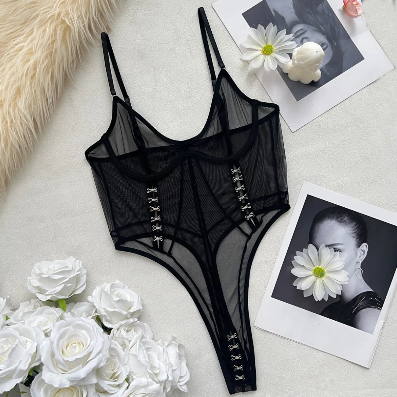DEKA Women's Sheer Mesh Lace Swimsuit Bodysuit One-Piece V Neck Nightwear Camisole See Through Underwear Date Night Clubwear