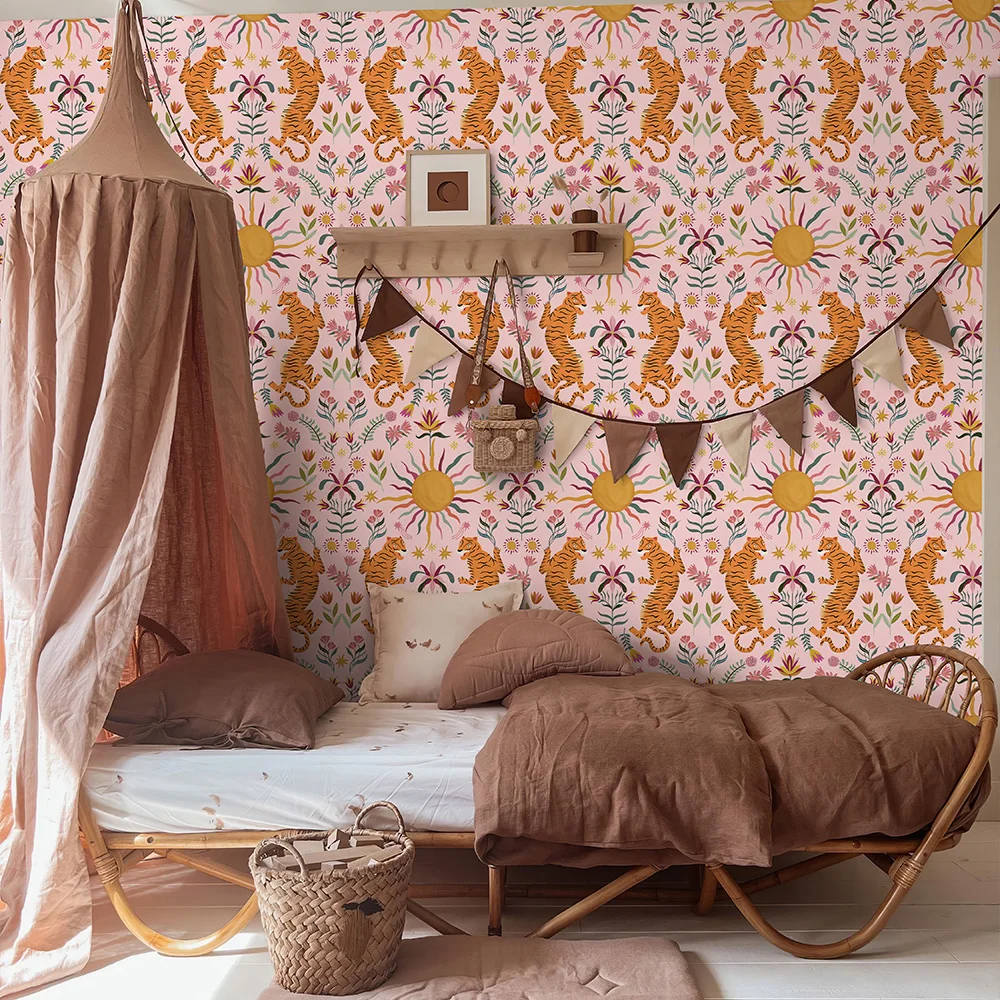 Cute Pink Jumping Tiger Vinyl Wallpaper Waterproof Peel And Stick Wall Cabinet Sticker For Living Room Self Adhesive Room Decor