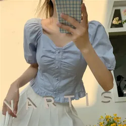 French Style Ruffle Blouse Vintage Square Neck Shirts And Blouses Ladies Fashion Sexy Short Tops Women Slim Blusas Para Mujer