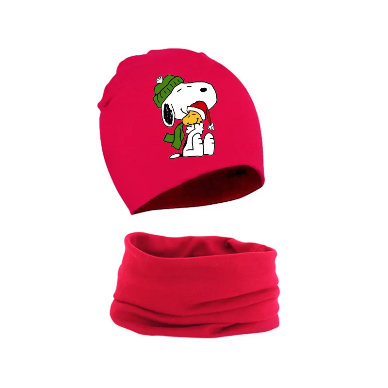 Snoopys cachecol de natal conjunto chapéu crianças 2 pçs anime vermelho malha boné cachecol dos desenhos animados inverno quente confortável algodão gorro chapéu presente