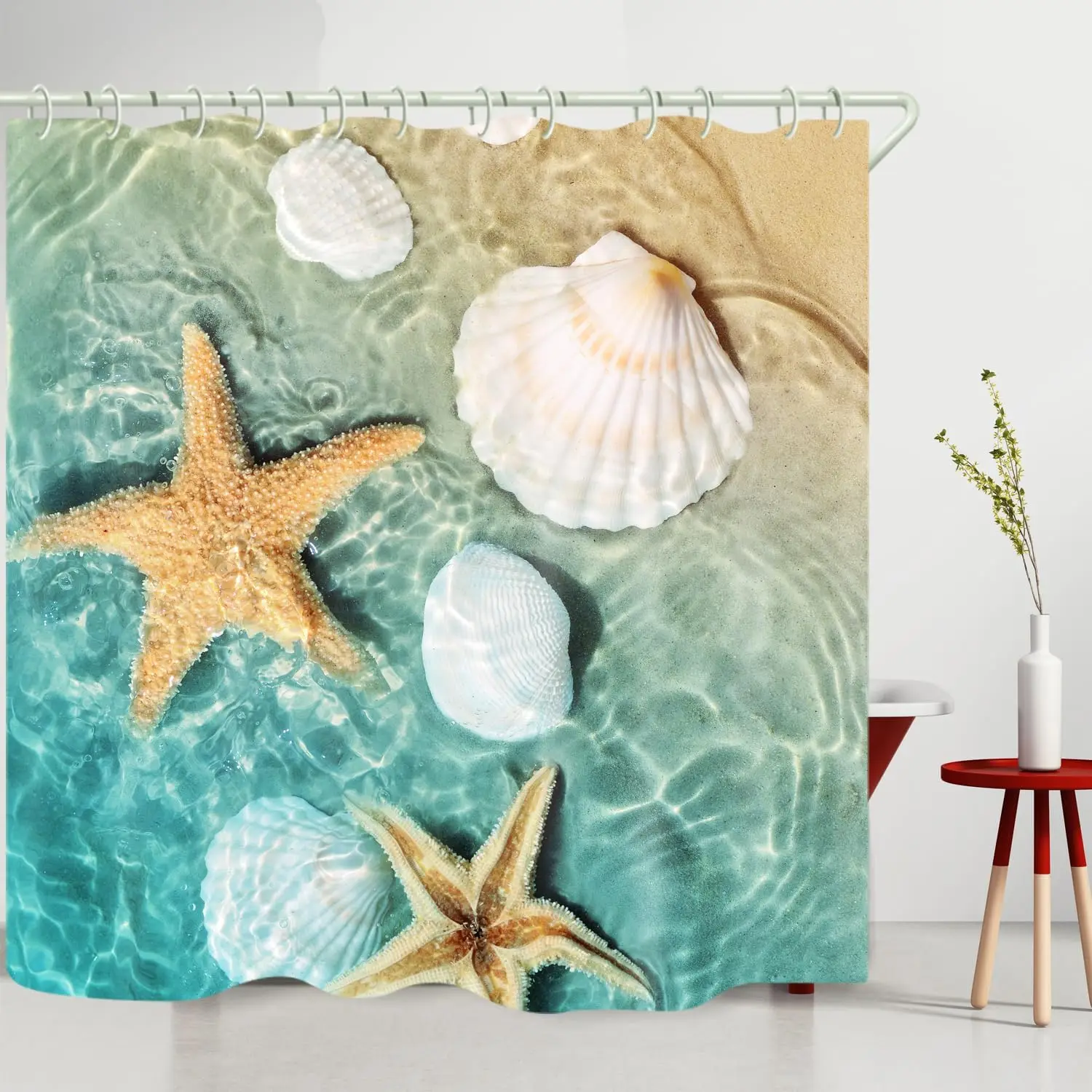 Tropical Ocean Beach Shower Curtain Waterproof Starfish Seashell Print Nautical Coastal Bathroom Decor Shower Curtain Liner