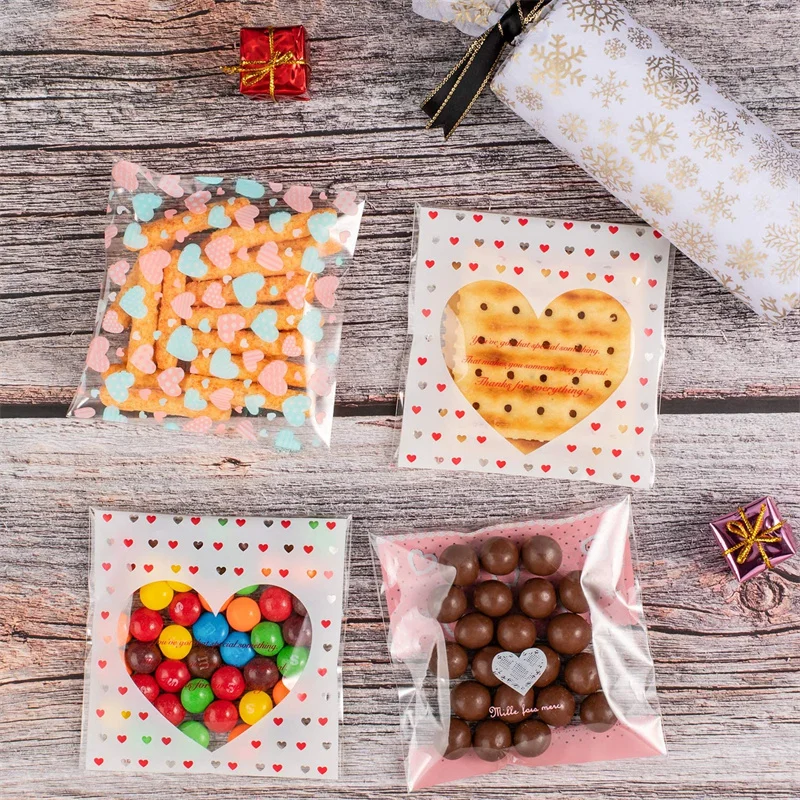 100pcs 7x7/10x10cm Heart Plastic Cello Bag Self Sealing Pouch For DIY Candy Cookies Snack Baking Package Decor Small Business