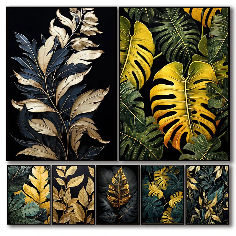 Black And Gold Texture Various Leaves Poster Print Canvas  Modern Wall Art HD Picture for Living Room Home Decor Gifts