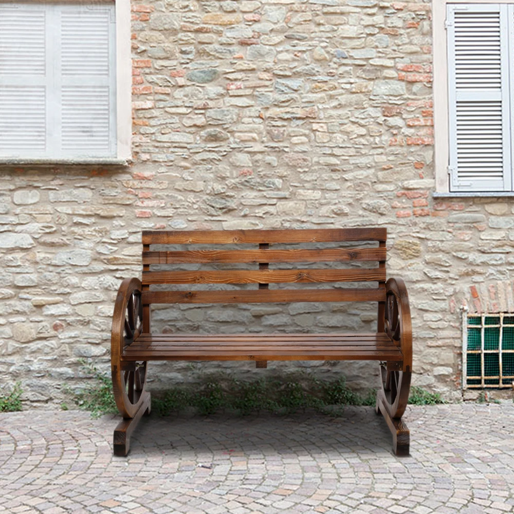 

Brown Rustic 2-Person Wooden Wagon Wheel Bench with Slatted Seat and Backrest