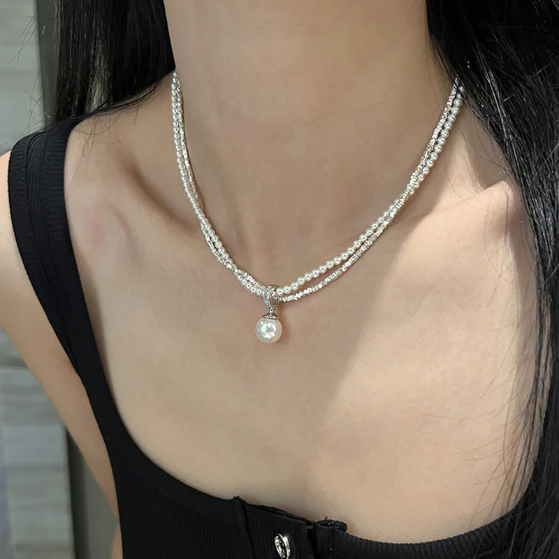 Zircon Clashing Silver Pearl Necklace with Double Layered Collarbone Chain