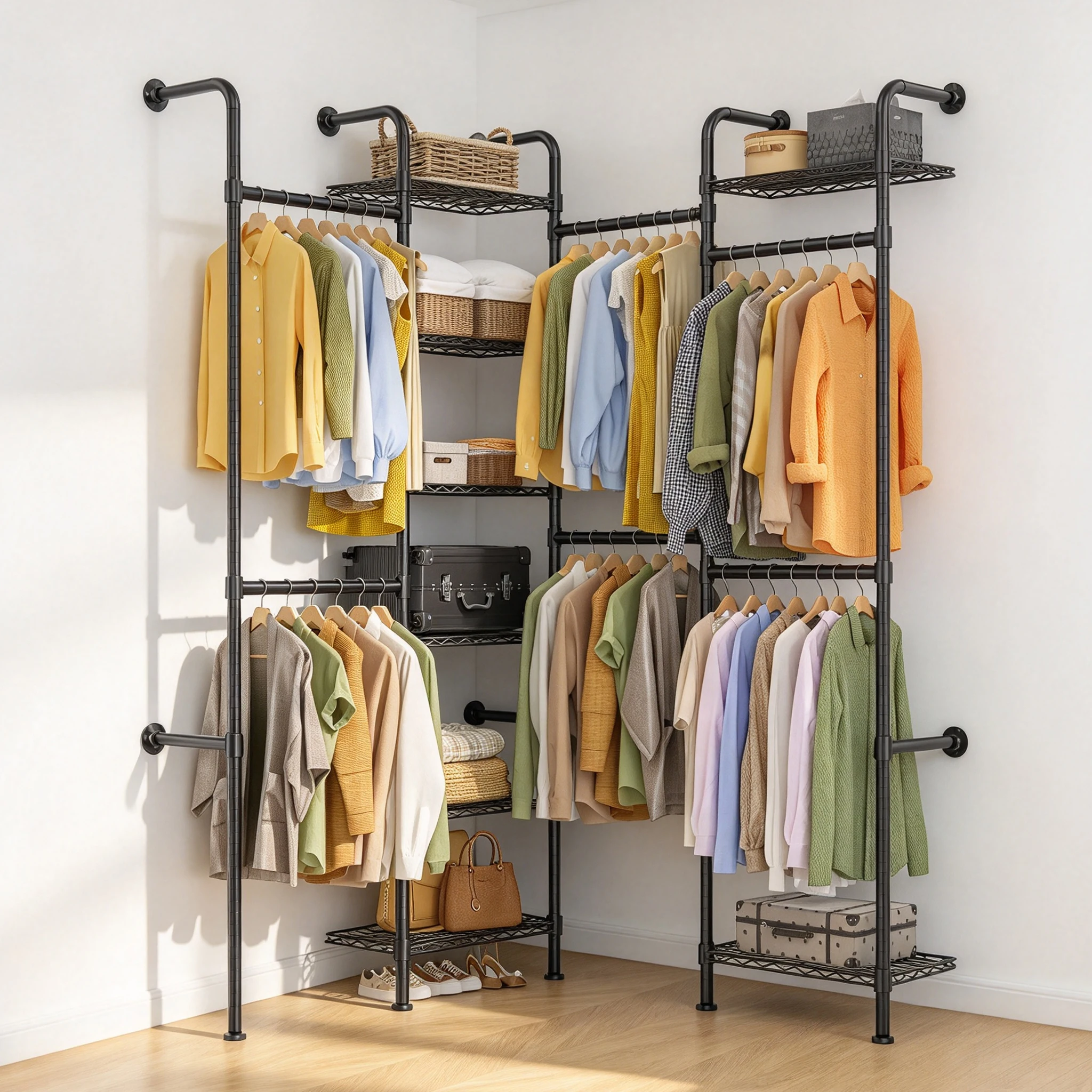 Heavy-Duty Wall Mounted Closet System, 8 Wire Shelves & Expandable Carbon Steel Hanging Rods (23.6-35.4 in), Matte Black Industrial Garment Rack for Walk-In Closet, 1000 LBS Capacity