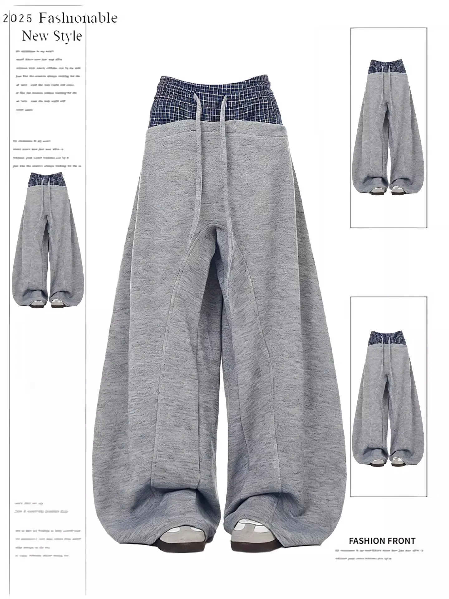 

Retro American Plaid Splicing Drawstring Knife Casual Pants Women Spring Autumn New Style Small Audience Trendy Wide Leg Casu...