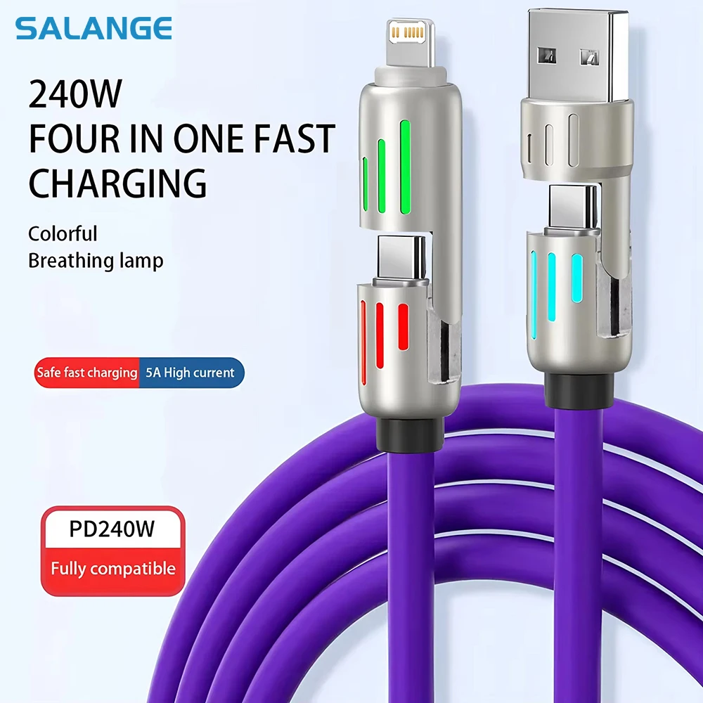 4 in 1 Data Line 240W Super Fast Charge USB Type C PD Silicone Aluminum Alloy Data Cable for iPhone Huawei Samsung Xiaomi Honor