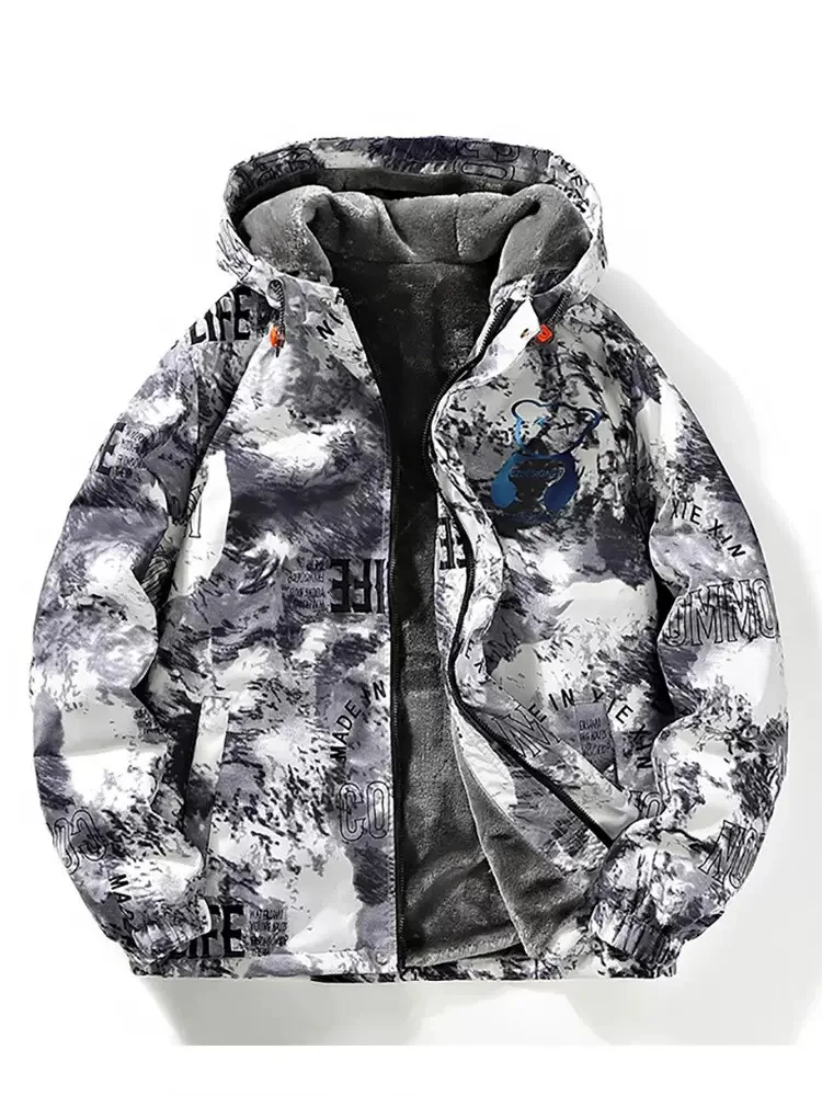 Autumn and Winter New Fashion Trend Printed Thickened Warm Hooded Jacket Men's Loose Sports Windproof High Quality Coat M-6XL