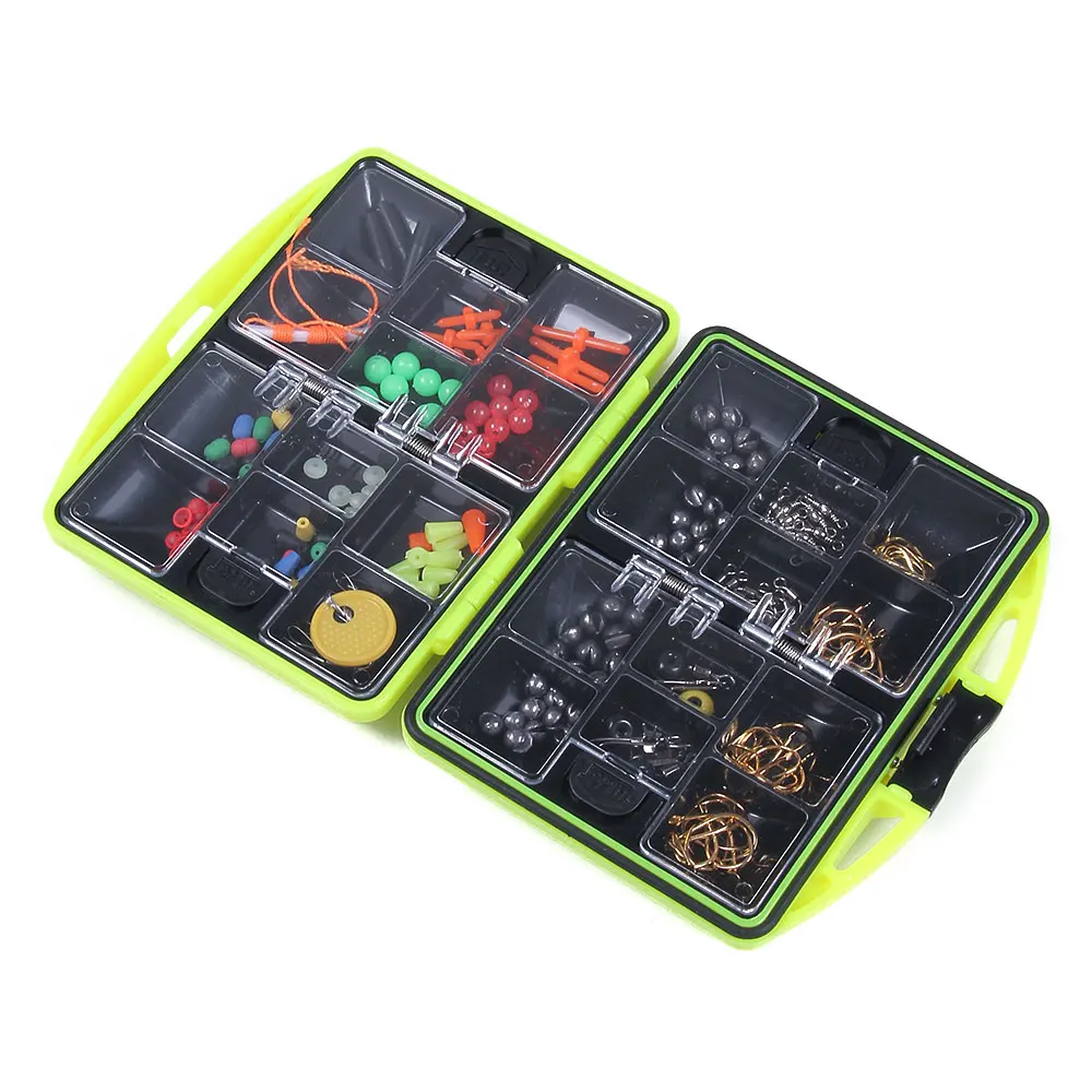 Kit de pêche en gros : 24 accessoires de pêche variés (hameçons, émerillons, flotteurs lestés), boîte à outils et équipement