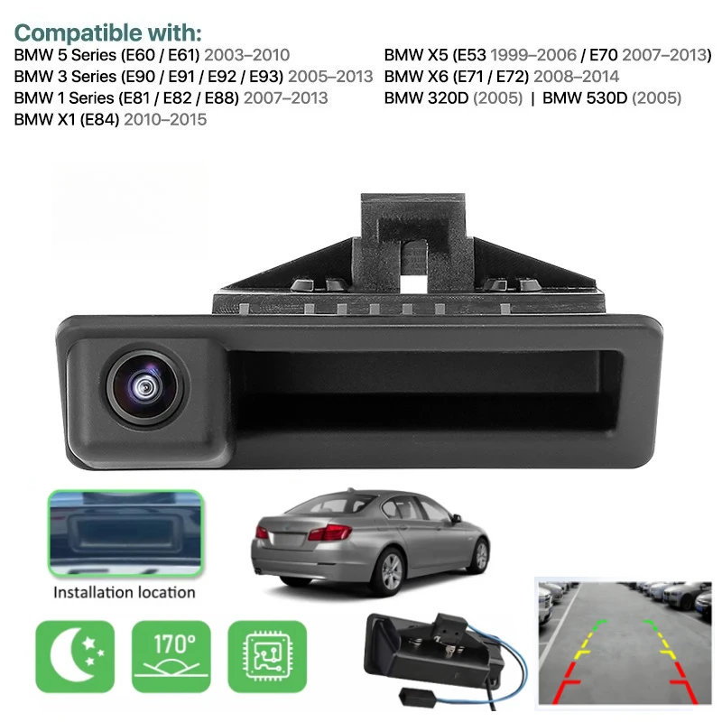 Auto-Rückfahrkamera für den Kofferraumgriff, passend für BMW E60 E39 E90 E82 E61 X1 E84 X5 E70 E92 E91 3er/5er Serie E88 E93 X6
