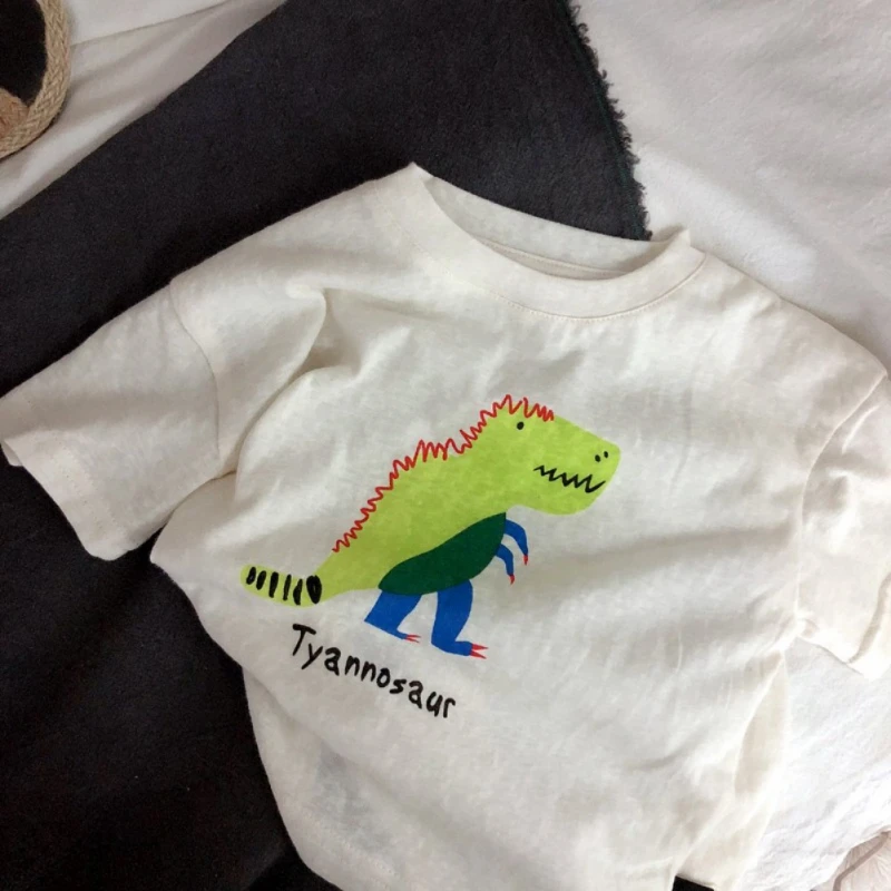 Pure Cotton Children\'s Boys Girls Casual Loose Round Neck Short Sleeved T-shirt With Dinosaur Print Baby\'s Stylish Top