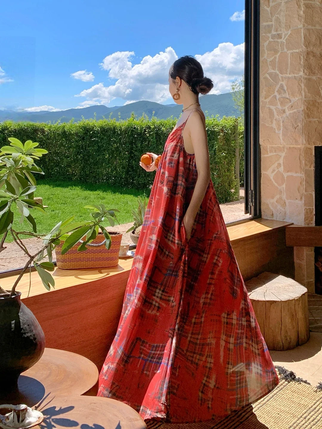 Retro Rode Geruite Strapl Strand Vaion Sle Dr Rok Lang Strand Zand Strandachtig Aosfeer Gevoel Zomer Zacht Polyester V-...