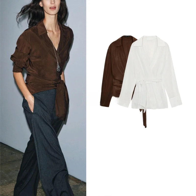 Winter New Women's irt  Knot Belted Double Breasted Long Sve Turn-down Collar Pleated Regular Length Polyester ...