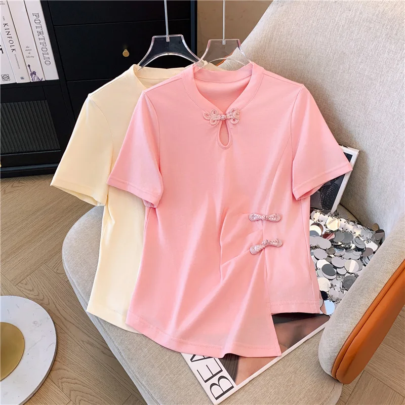 Cotton Women'S T-Shirt 2024 Summer Casual Short Sleeve Tee V-Neck Female Streetwear Top Basic Oversized Chinese button T-Shirt