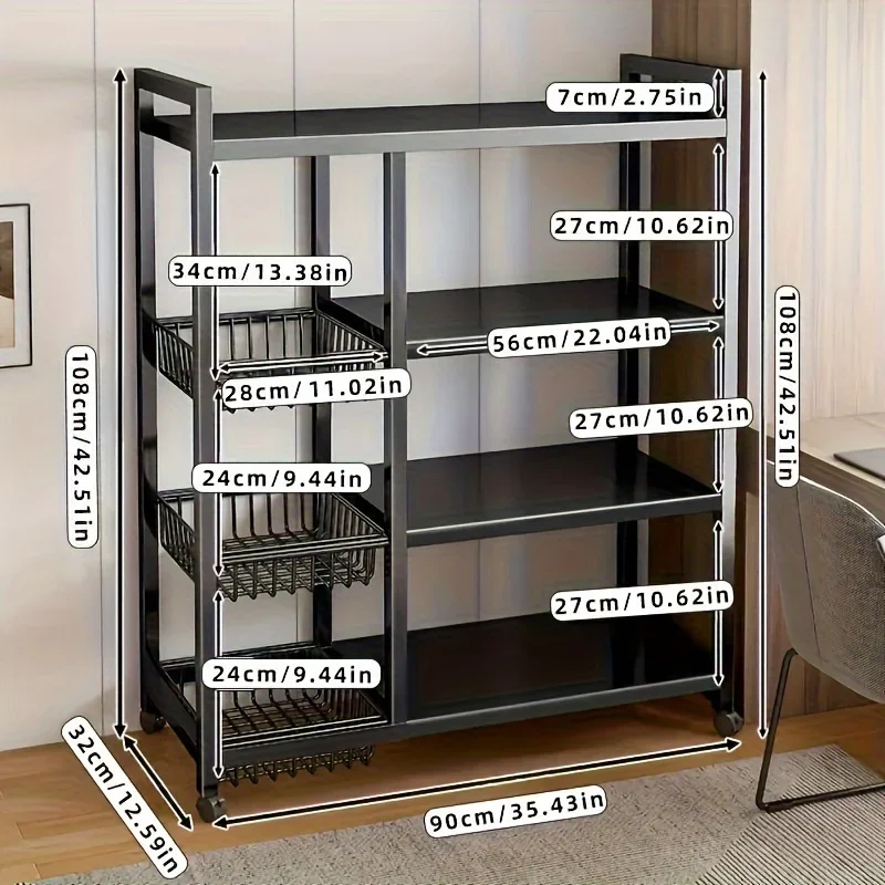 

Versatile Multi-Layer Mobile Storage Shelf - Durable Carbon Steel, Easy Wheel Movement For Kitchen, Living Room & Bedroom