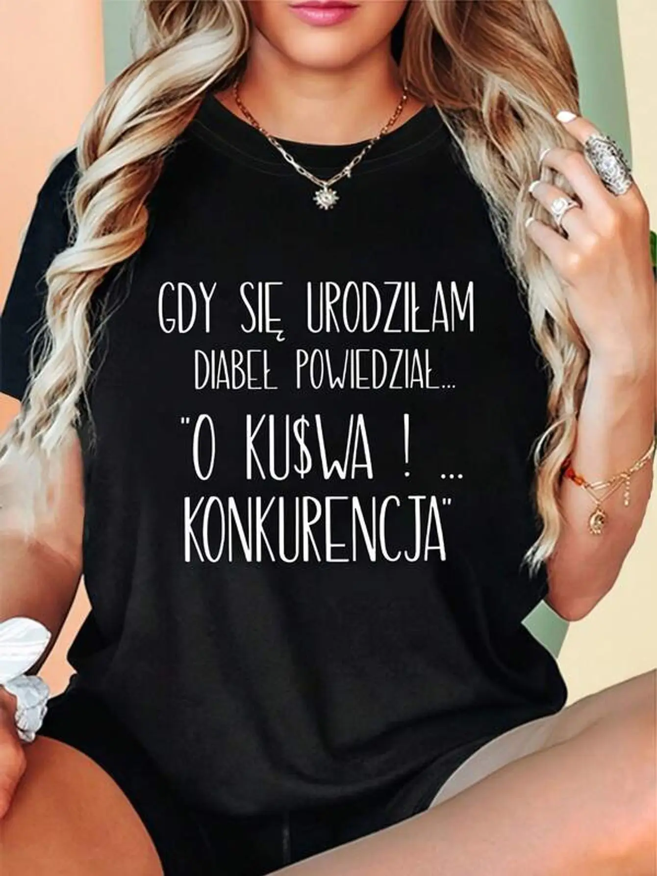 Plus Size, GDY SIE URODZILAM DIABEL POWIEDZIAL O KUSWA KONKURENCJA Letter Print Plus Size Women's T-Shirt, Short Sleeve Crew Neck Casual Top For Summer & Spring, Women's Clothing