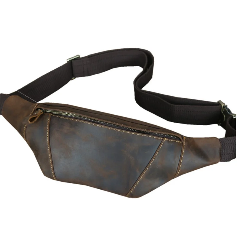 

Crazy Horse Leather Men's Fanny Waist Bag Real Cowskin Travel Cross Body Phone Pouch Sling Chest Pack Casual Male Hip Bum Purse