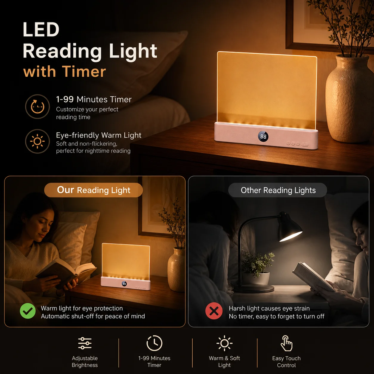 WWPPU LED Flat Panel Book Light 1-99M Timer Screen 2-in-1 Night Light 3 Colors Stepless Dimmable Rechargeable Reading Lamp - AliExpress 39