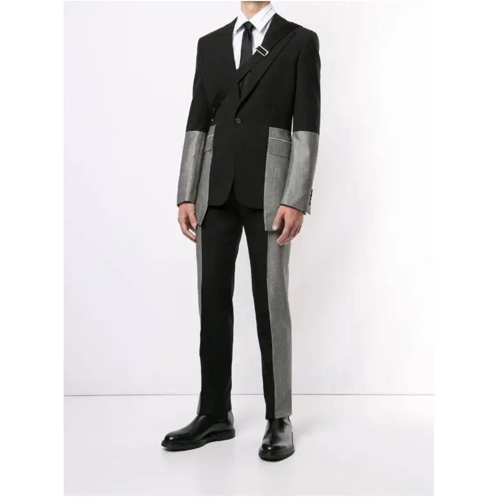 

Men Suits Slim Fit 2 Pieces Customized Back Grey Patchwork One Button Tuxedos Blazer with Pants Business Casual Outfits Sets