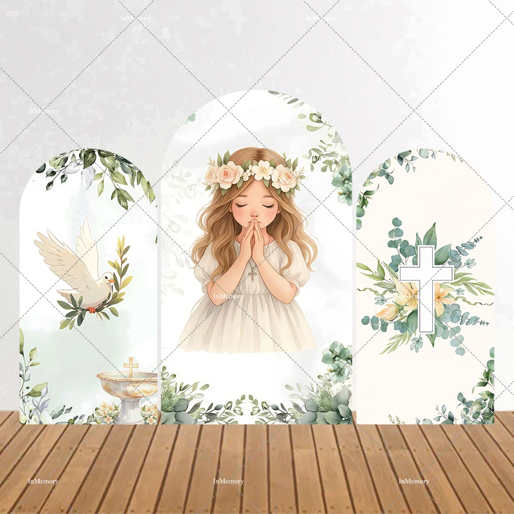 

Двусторонний фон-арка для детского крещения и первого причастия: Декорация с крестом и надписью «Боже, благослови» для фотосессий