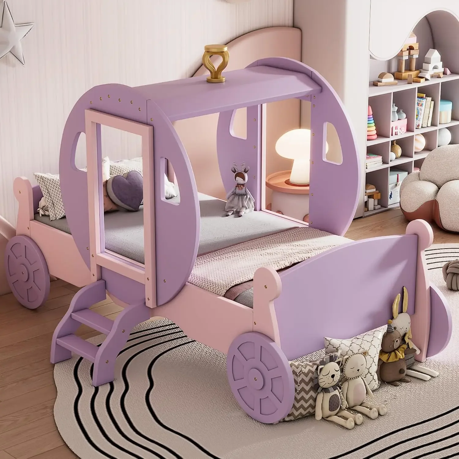 Carriage Bed Frame with Crown, Twin Size Wood Platform Car Bed with Stair, Purple+Pink - Ideal Child's Bed