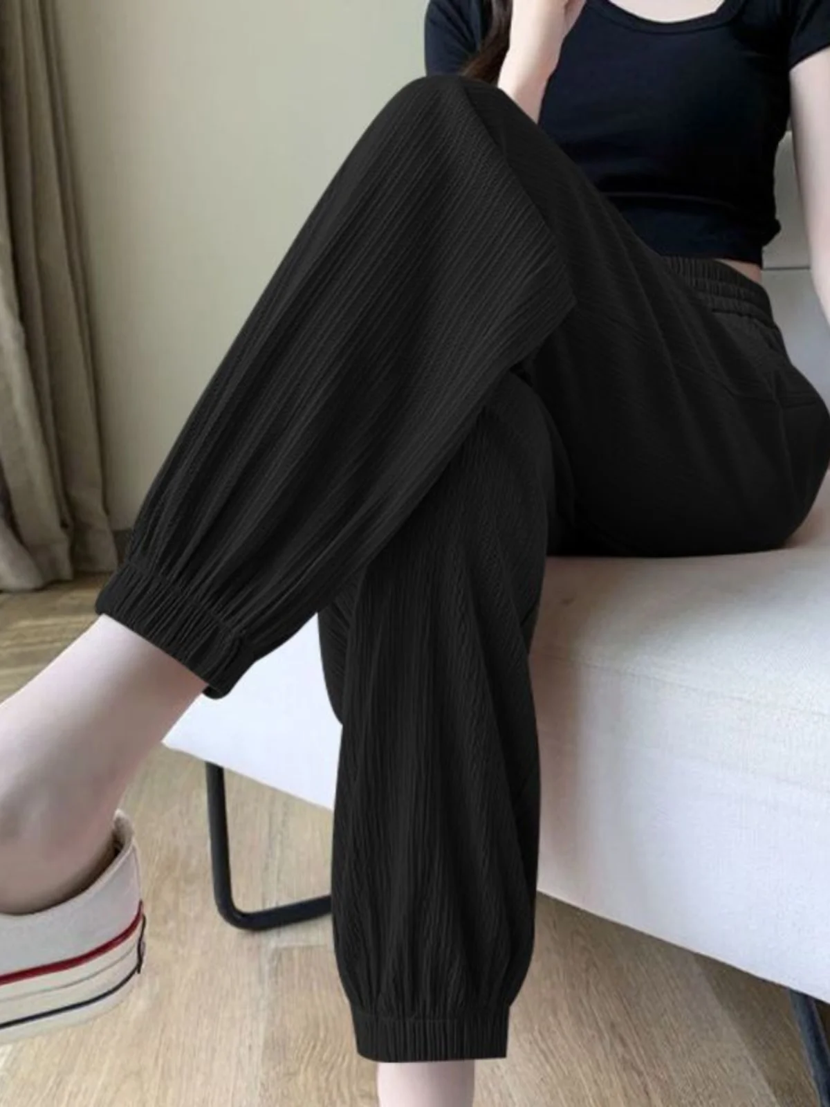 Ice Silk Sports Pants Women's Summer Thin Black Quick Dry Casual Small Size Sun Protection Loose Cuffed Wide Leg Pants
