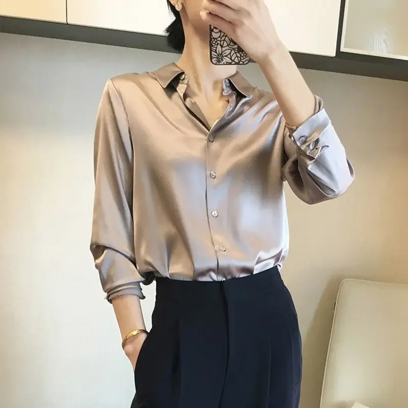 2023 Office Lady Satin Shirts Women\'s Blouses 2023 Spring Solid Color Classic Work Blusas Plus size Single Breasted Basic Shirt