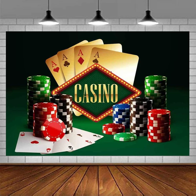 

Green Casino Photography Backdrop For Birthday Party Decorations Blue Chips Playing Cards Background Banner Club Poster Props