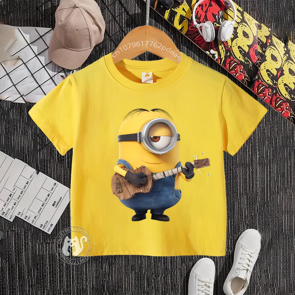 Teen Hip Hop Style 100% cotone t-shirt bambini Cartoon Minions playing guitar stampato girocollo t-shirt in cotone ragazzi ragazze manica corta