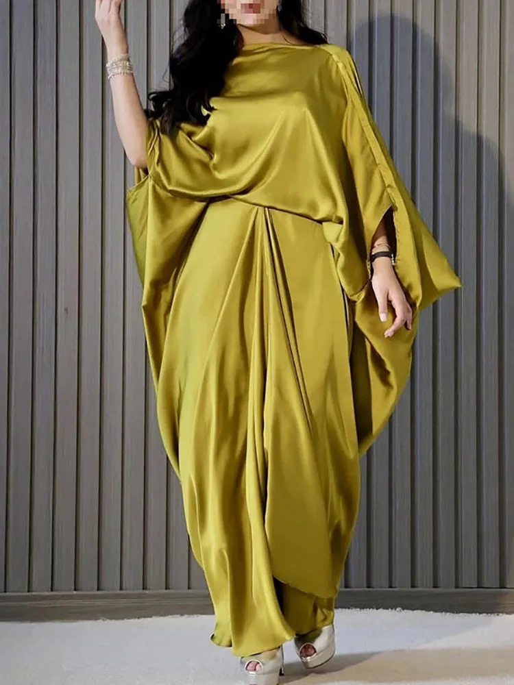 

Fashion Long Sleeve Loose Party Dress Sexy Diagonal Collar Draped Satin Long Dress Women's Elegant Hight Waist Personality Gowns