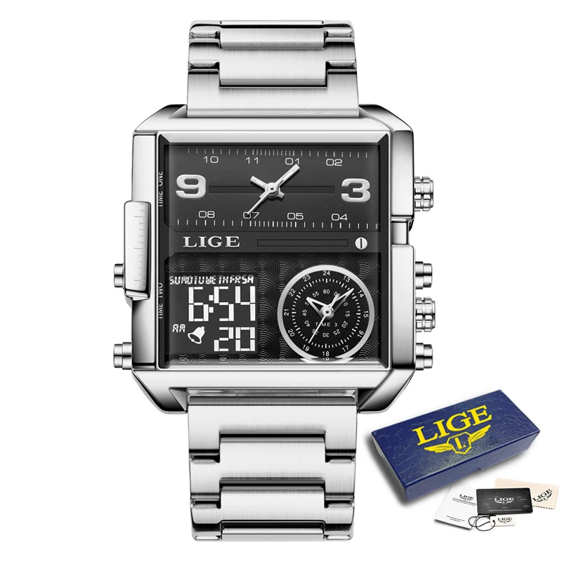 LIGE Neue Top Marke Luxus Mode Männer Uhren Gold Stahl Sport Platz Digital Analog Große Quarzuhr für Mann relogio masculino