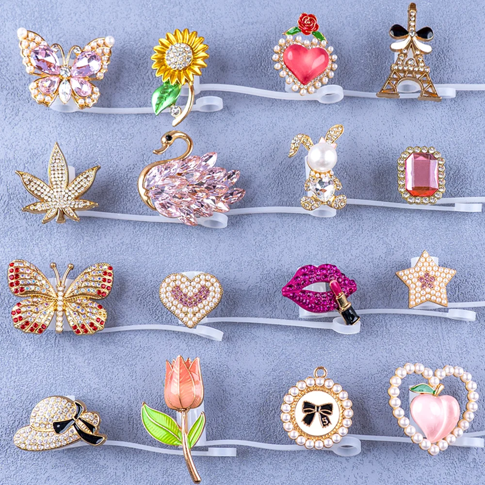 8MM Silicone Straw Cover Cap Metal Decoration,Crystal Heart Butterfly Straw Topper for Cups Accessories,Dustproof Straw Cap